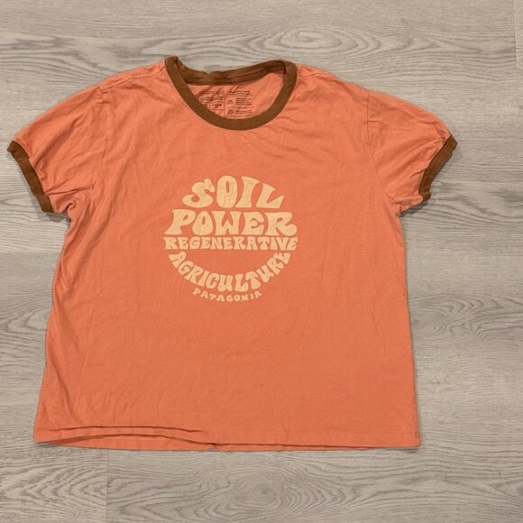 Patagonia Women’s Soil Power Regenerative Organic Ringer T-Shirt Peach Sz XL - Picture 1 of 4